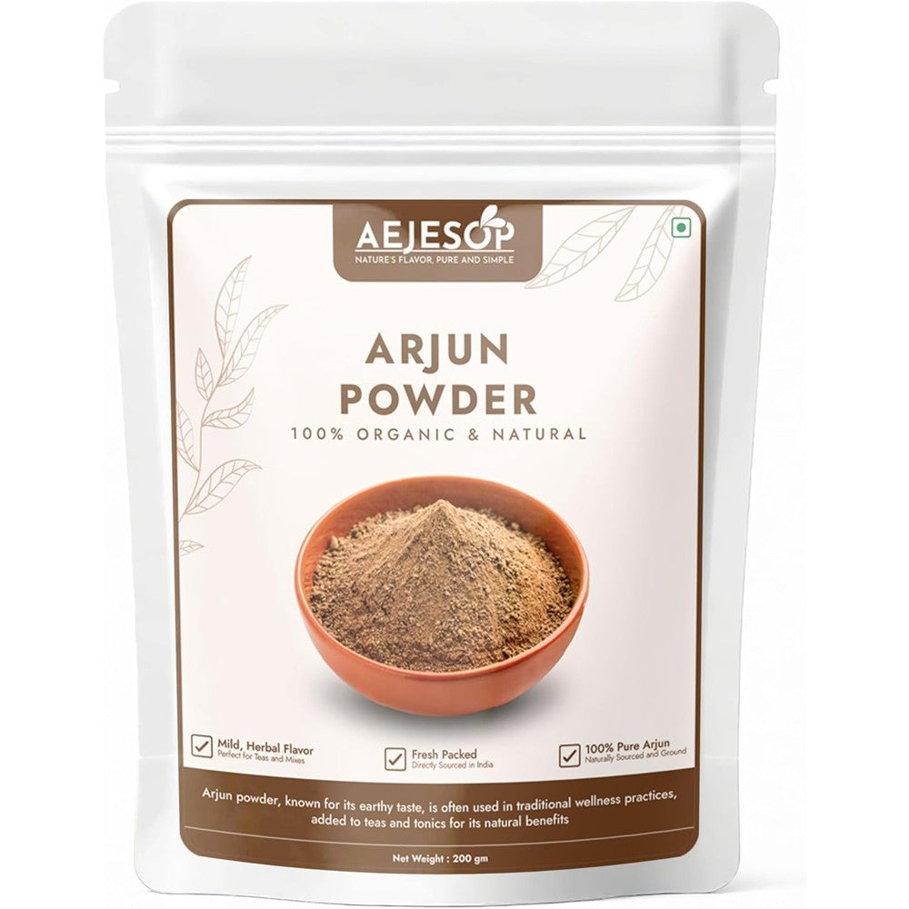 Aejesop Organic Arjuna Bark Powder 200g front view packaging showcasing organic certification for cardiovascular health.