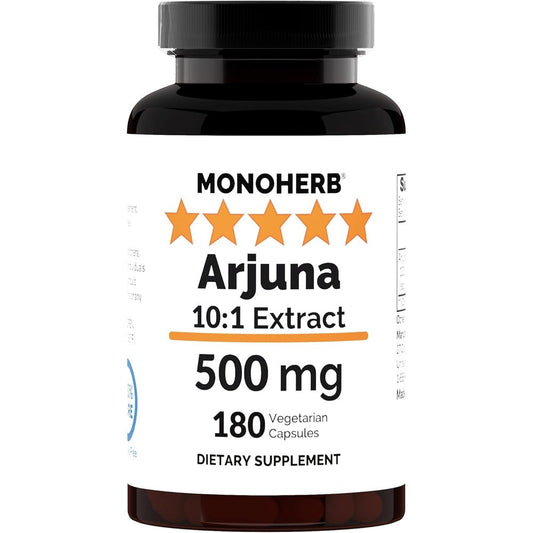 Monoherb Arjuna Extract 500mg 180 vegetarian capsules front view bottle for cardiovascular support.