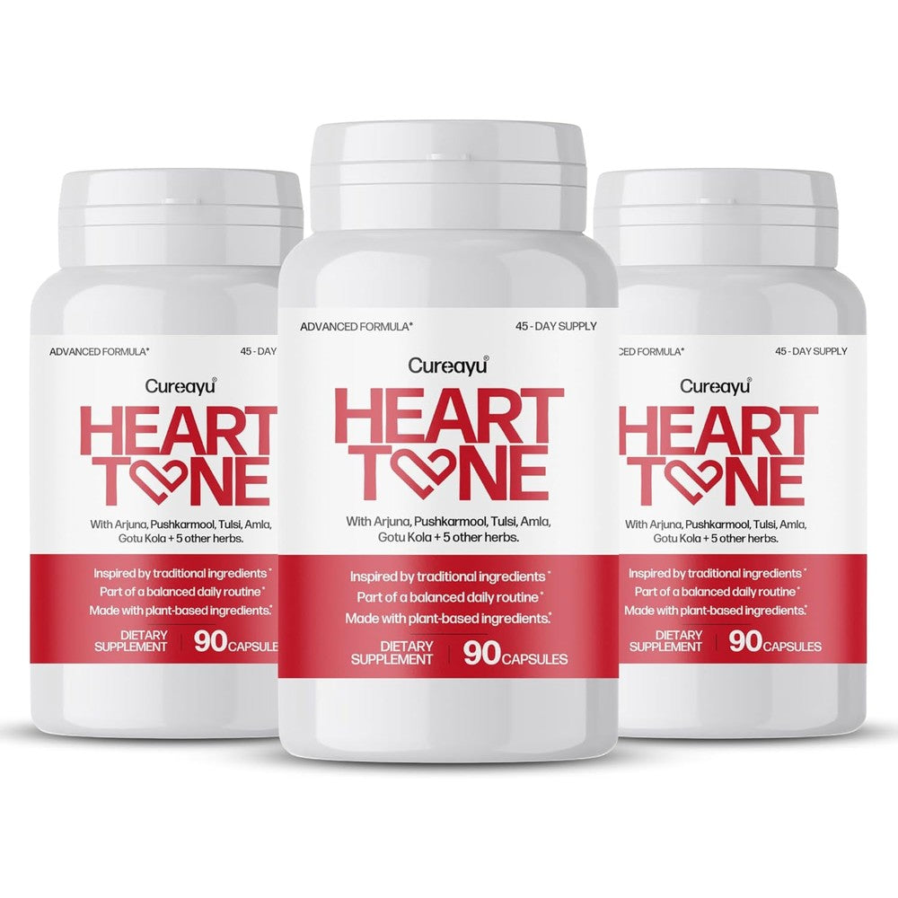 Cureayu Heart Tone Herbal Supplement 90 Capsules Pack of 3 front view showing heart health packaging.