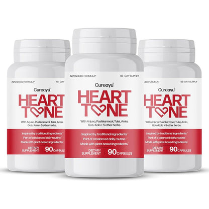 Cureayu Heart Tone Herbal Supplement 90 Capsules Pack of 3 front view showing heart health packaging.