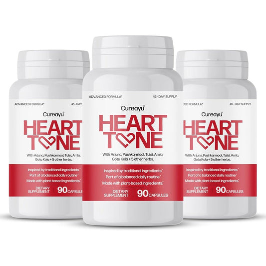 Cureayu Heart Tone Herbal Supplement 90 Capsules Pack of 3 front view showing heart health packaging.