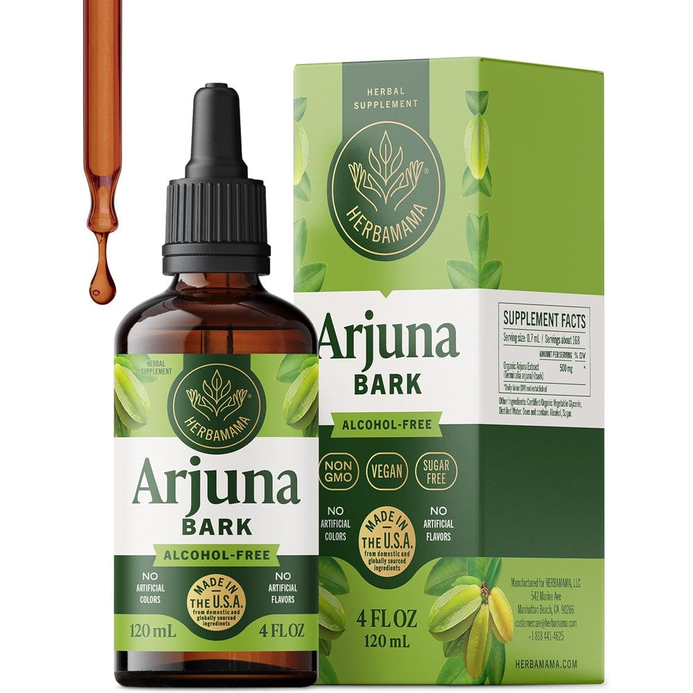 HERBAMAMA Arjuna Bark liquid extract bottle front view for antioxidant support
