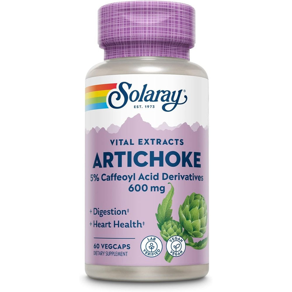 Solaray Artichoke Leaf Extract 600mg 60 VegCaps front bottle view for authentic liver detox support supplement.