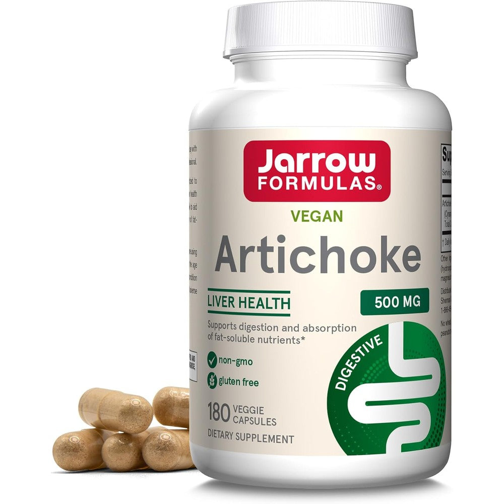 Jarrow Formulas Artichoke 500 Milligrams front view bottle showing 180 veggie capsules for liver health