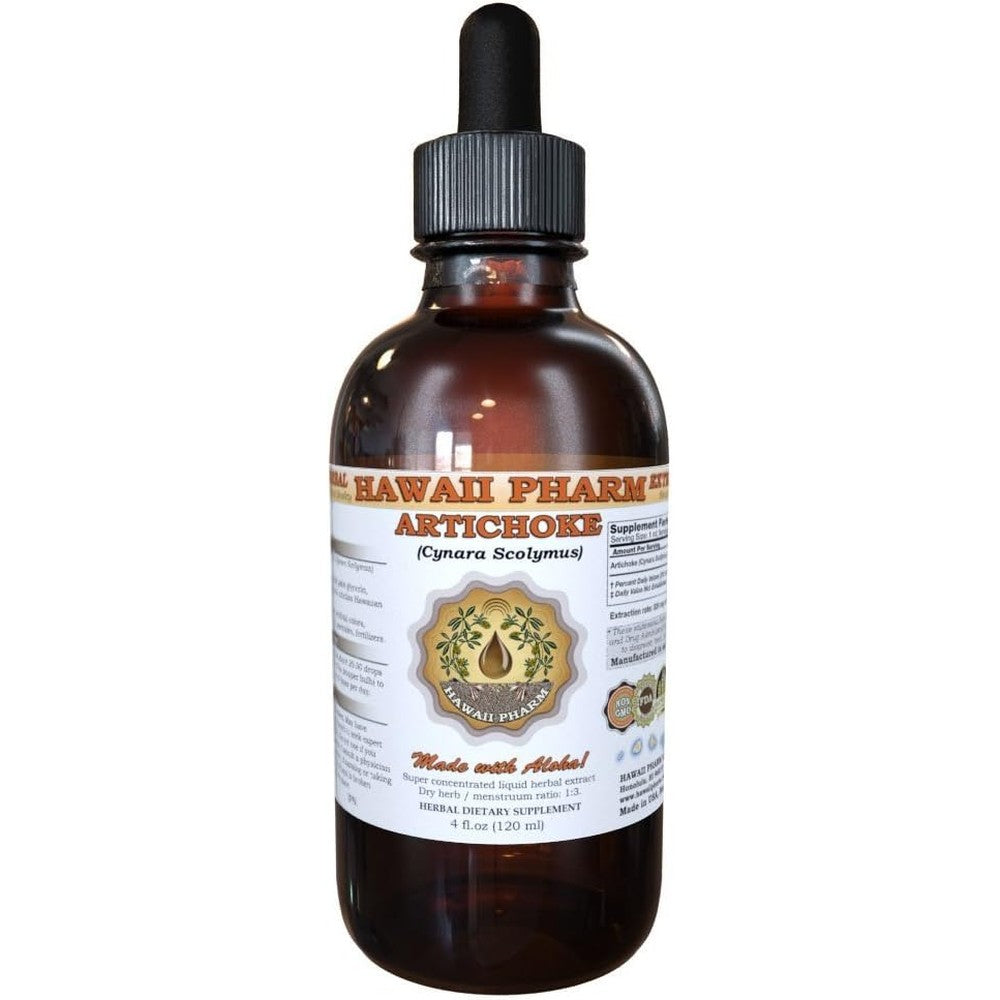 Hawaii Pharm Artichoke Liquid Tincture four fluid ounce bottle front view showcasing authentic amber dropper bottle packaging.