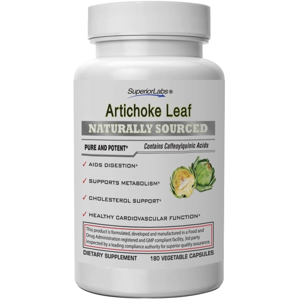 Superior Labs Artichoke Leaf 600mg 180 Veg Capsules front view showing authentic imported packaging for digestive health.