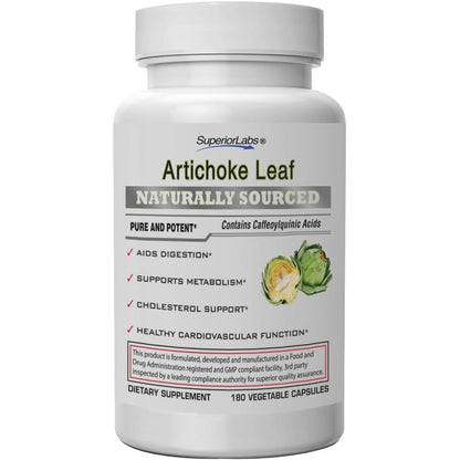 Superior Labs Artichoke Leaf 600mg 180 Veg Capsules front view showing authentic imported packaging for digestive health.