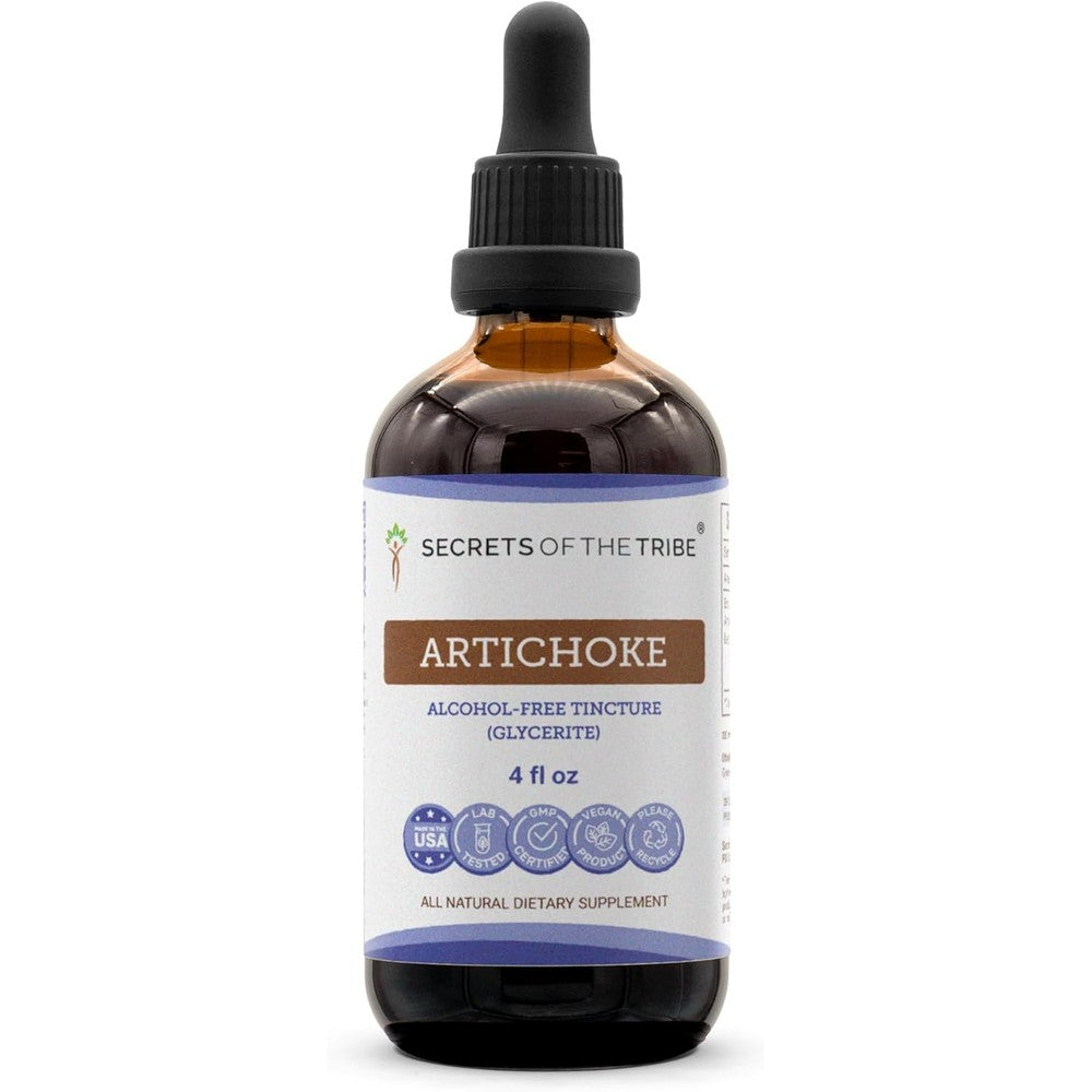 Secrets of the Tribe Artichoke Tincture 4 Fluid Ounce bottle front view showing liver support benefits