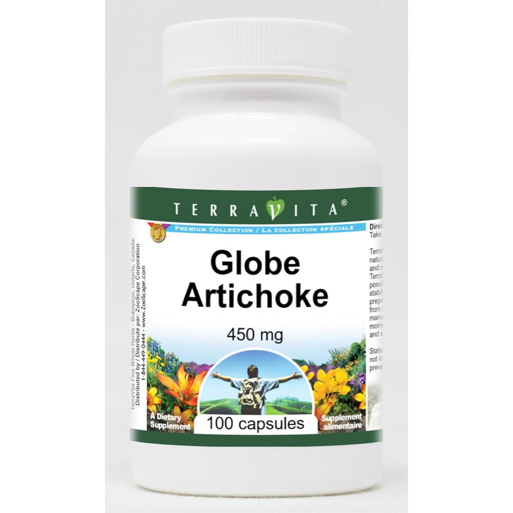 TerraVita Globe Artichoke 450mg 100 Capsules 3 Pack front view of the premium herbal supplement bottles.