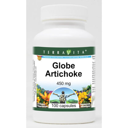 TerraVita Globe Artichoke 450mg 100 Capsules 3 Pack front view of the premium herbal supplement bottles.