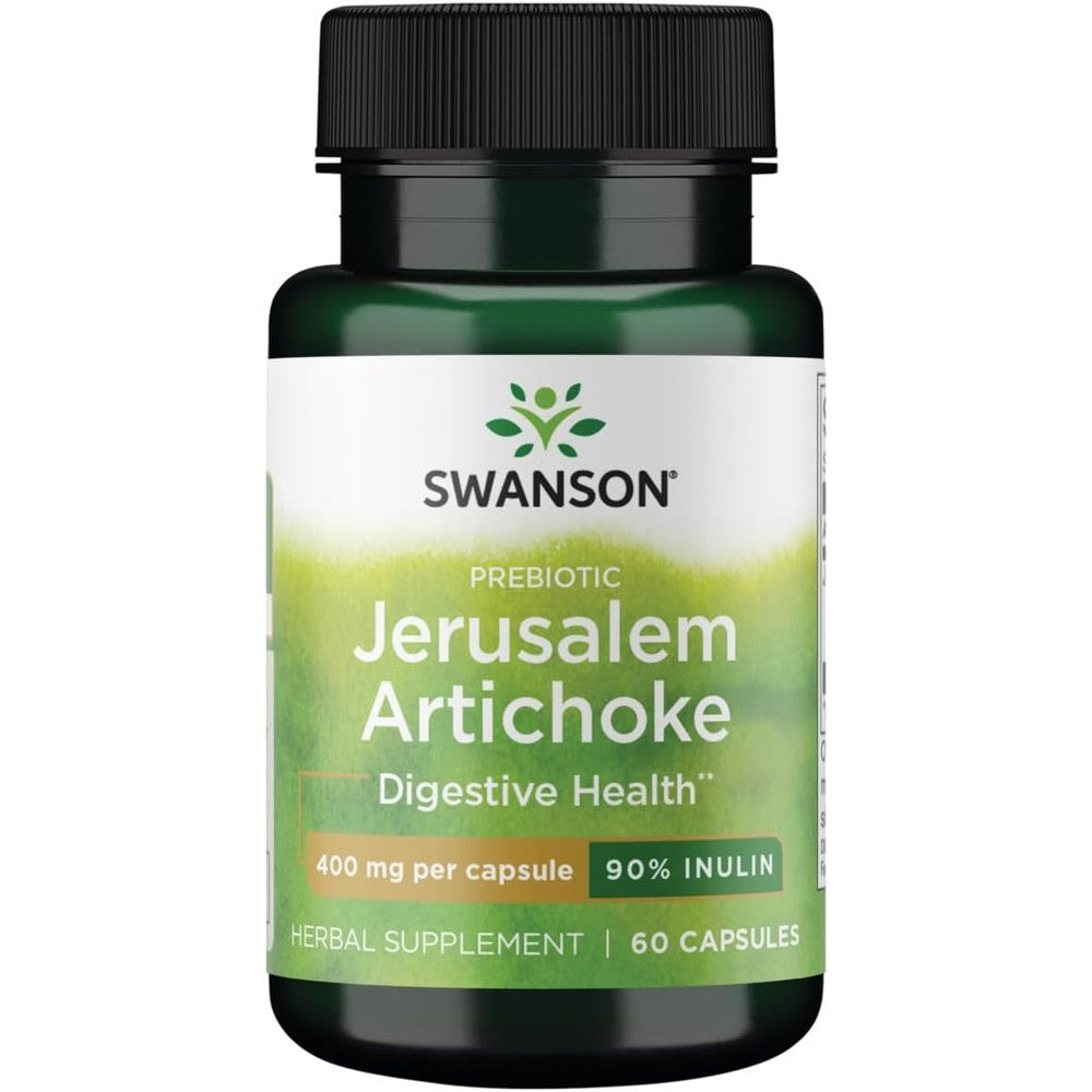 Swanson Premium Brand Prebiotic Jerusalem Artichoke 400 mg 60 capsules front view bottle showing digestive health benefits