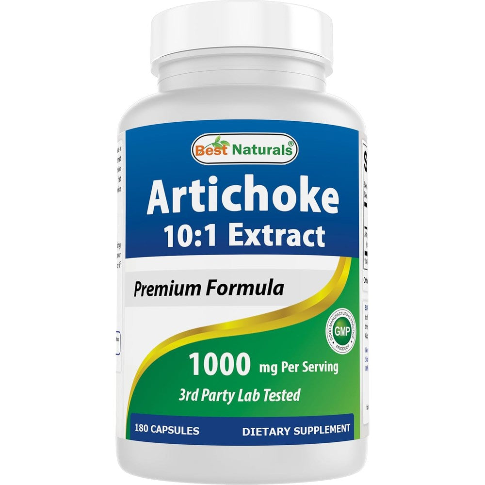 Best Naturals Artichoke Extract 1000 mg supplement bottle front view for liver health.