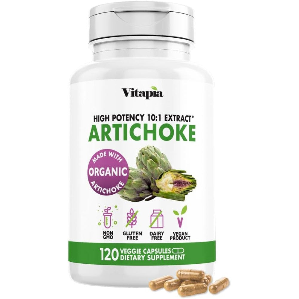 Vitapia Organic Artichoke Extract front view bottle showing one hundred twenty vegan capsules for liver support