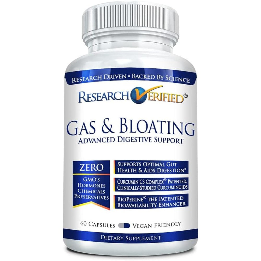 Research Verified Gas and Bloating Relief 60 Capsules front bottle view