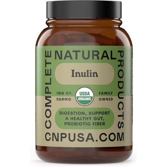 Complete Natural Products Organic Inulin Capsules front view bottle showing five hundred twenty milligrams prebiotic fiber.