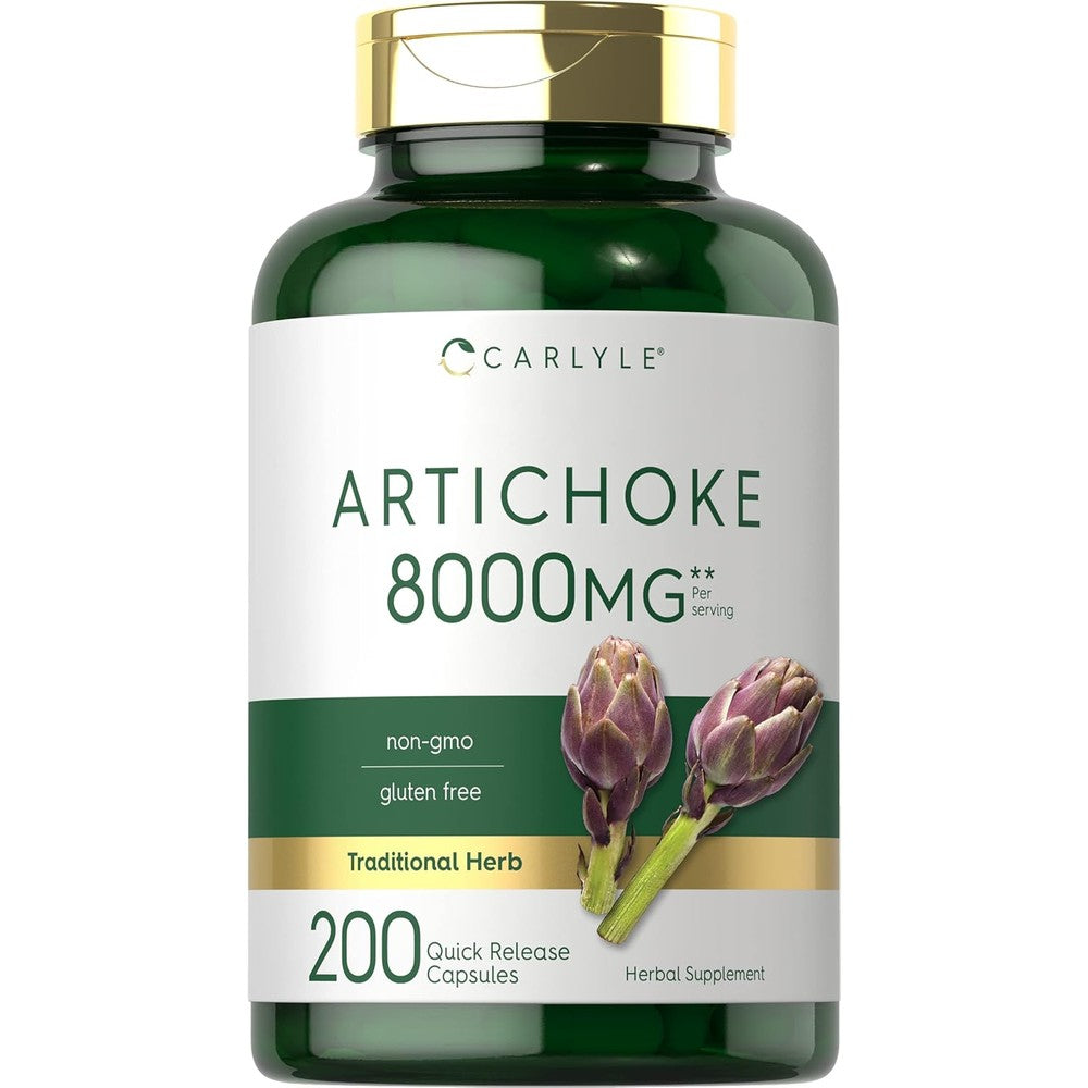 Carlyle Artichoke Extract 8000mg front view green bottle with gold lid containing 200 quick release capsules