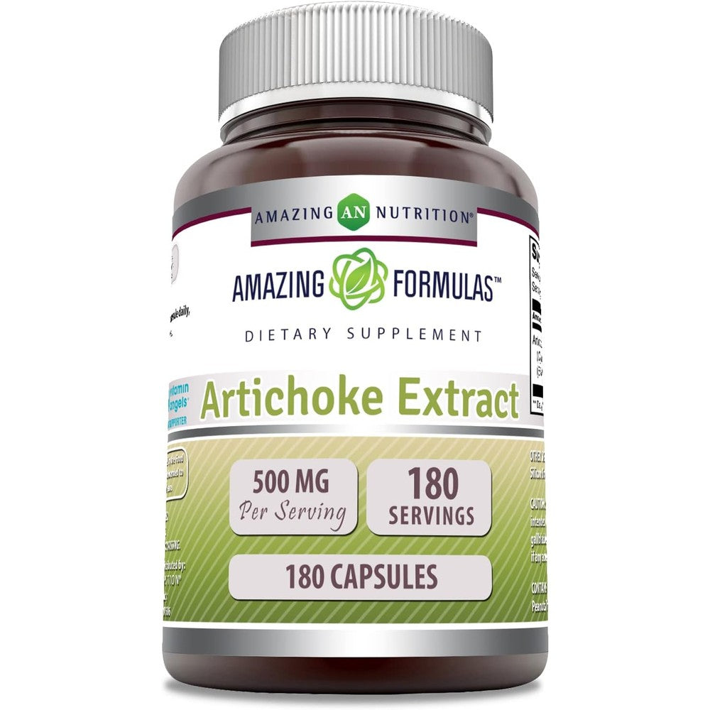 Amazing Nutrition Artichoke Extract 500mg 180 Capsules front view bottle for liver health.