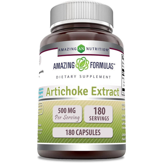 Amazing Nutrition Artichoke Extract 500mg 180 Capsules front view bottle for liver health.