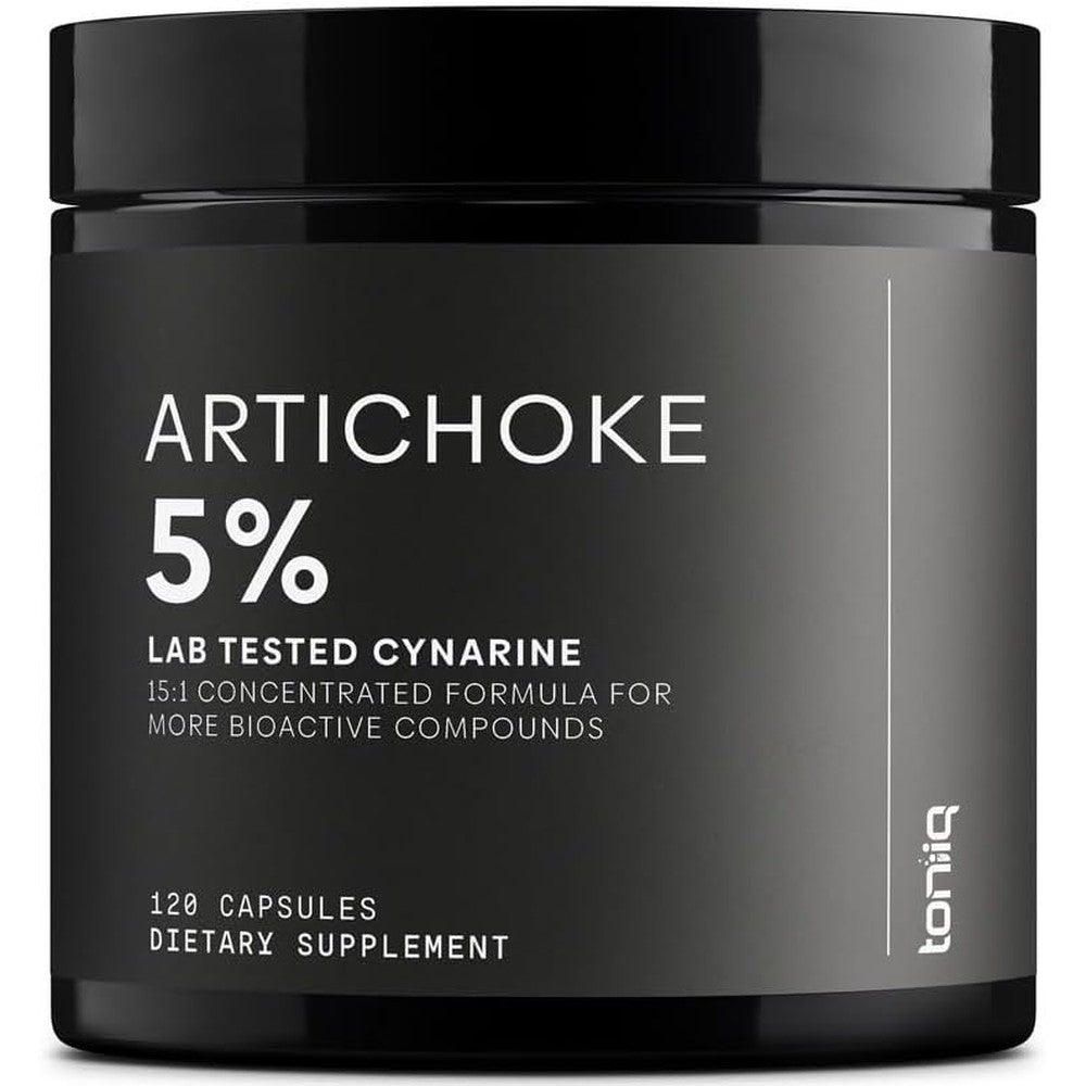 Toniiq Artichoke Extract 120 vegan capsules front view bottle showing premium silver text black label