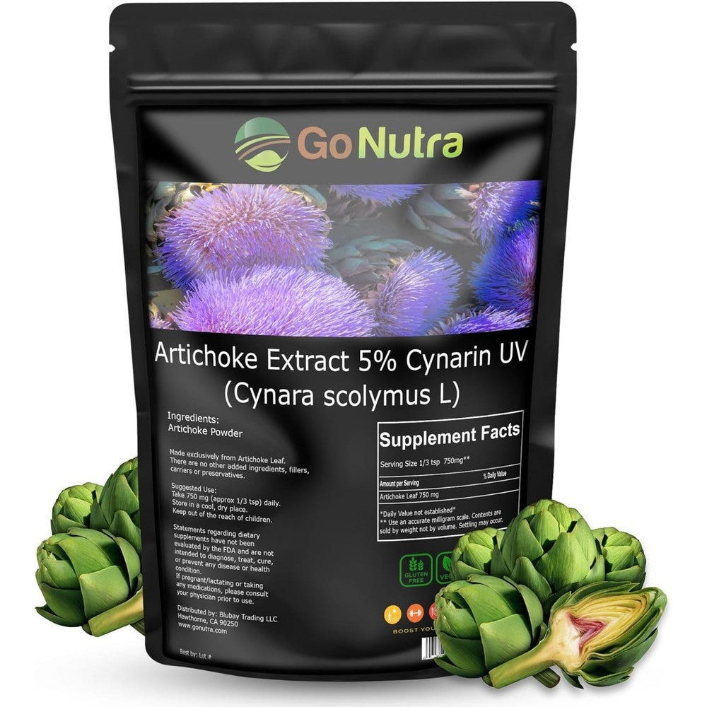 Go Nutra Artichoke Extract Powder front packaging view of the four ounce supplement bag for liver health.