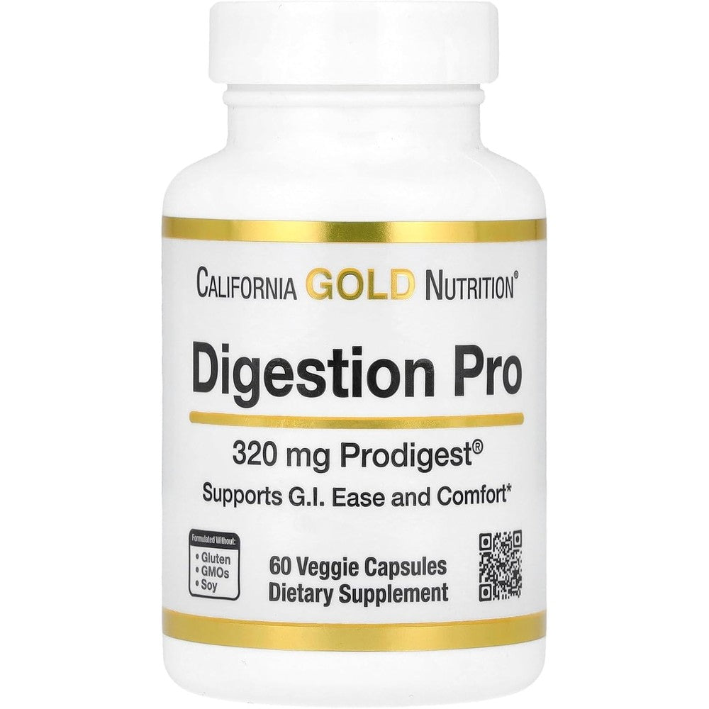 California Gold Nutrition Digestion Pro 60 veggie capsules bottle front view showing authentic imported digestive supplement label.