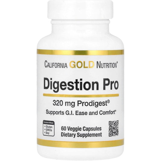 California Gold Nutrition Digestion Pro 60 veggie capsules bottle front view showing authentic imported digestive supplement label.