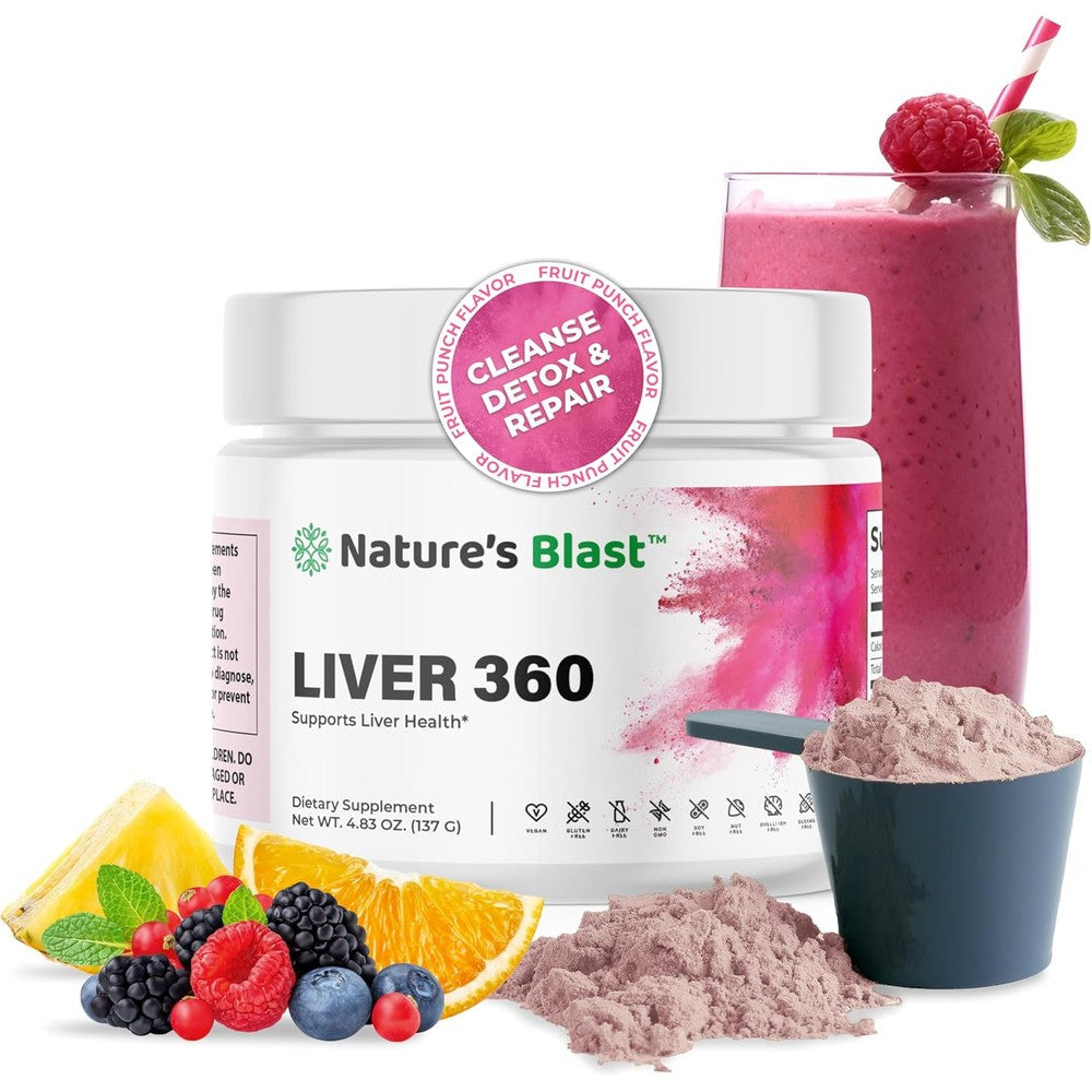 Natures Blast Liver 360 supplement powder front view showing authentic imported packaging