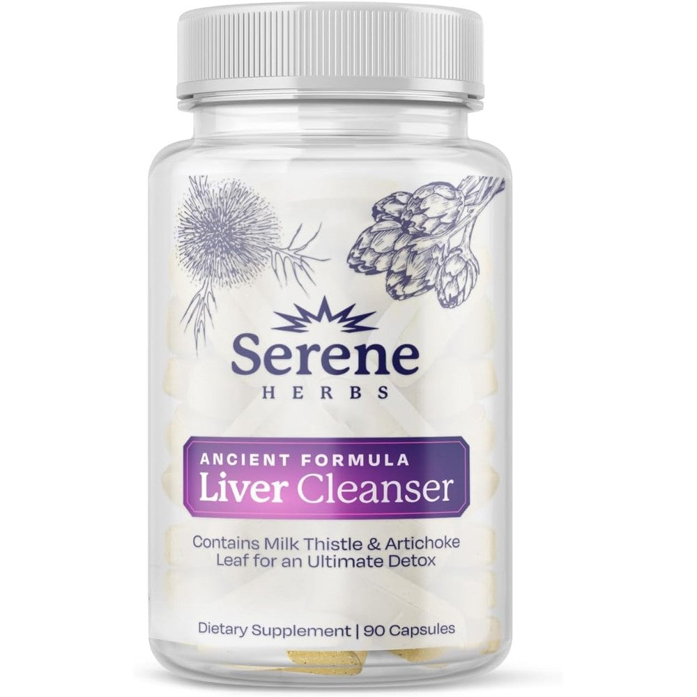 Serene Herbs Liver Cleanse Detox 90 Capsules front view showcasing packaging layout and primary herbal ingredients.