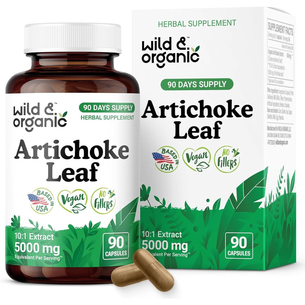 Wild And Organic Artichoke Extract 90 capsules front view showing liver and digestive support benefits.
