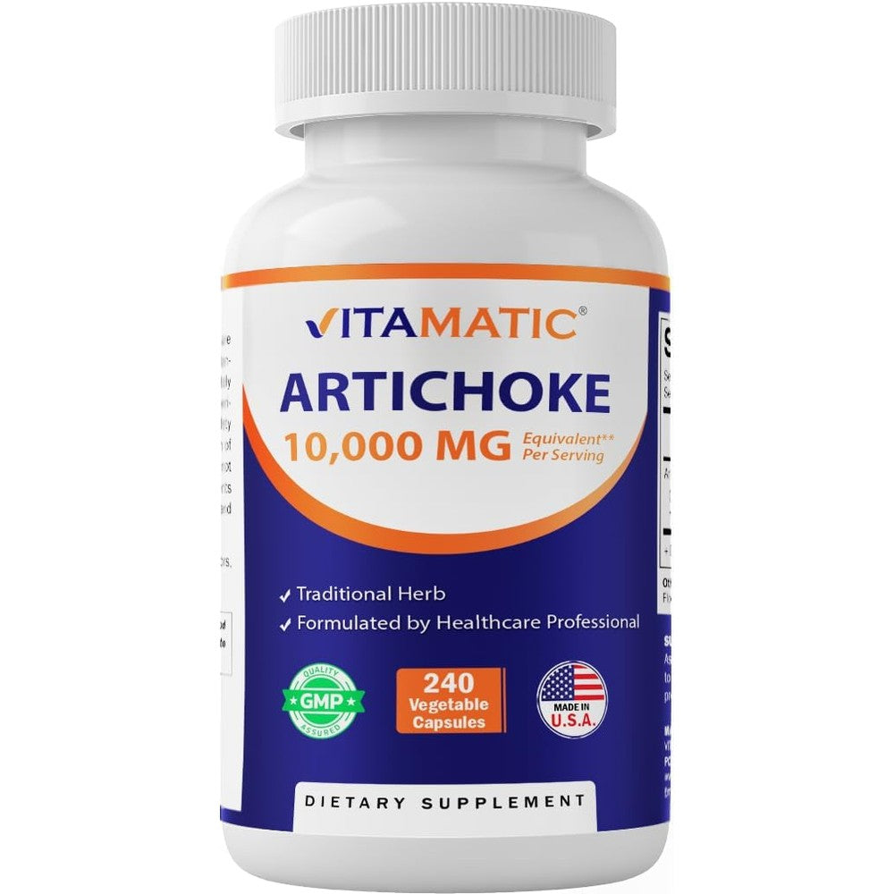 Vitamatic Artichoke Extract 1000mg front view of bottle containing 240 vegetable capsules