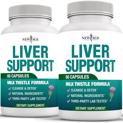 New Age Liver Cleanse Detox and Repair supplement 120 capsules front view bottle showing milk thistle formula.