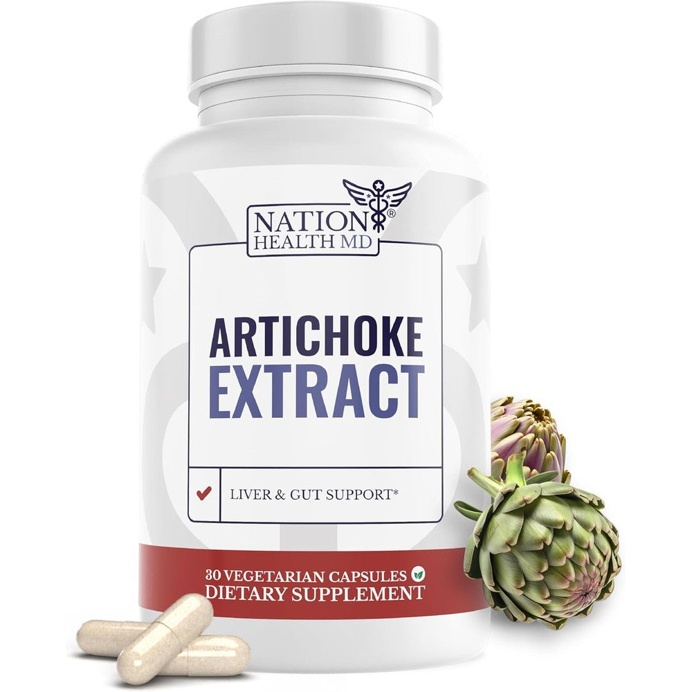 Nation Health MD Artichoke 500mg supplement bottle front view showing liver support benefits