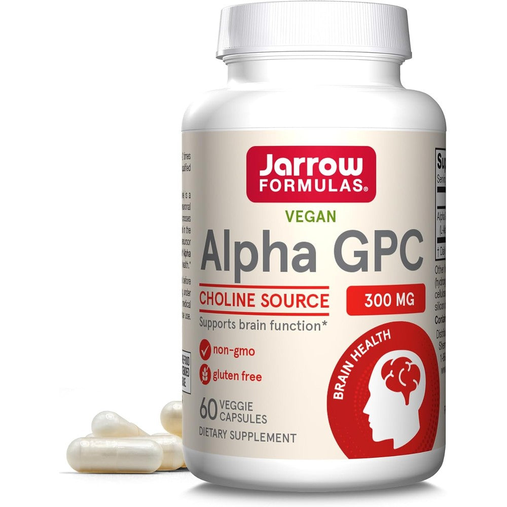 Jarrow Formulas Alpha GPC 300mg bottle front view for premium brain health support.