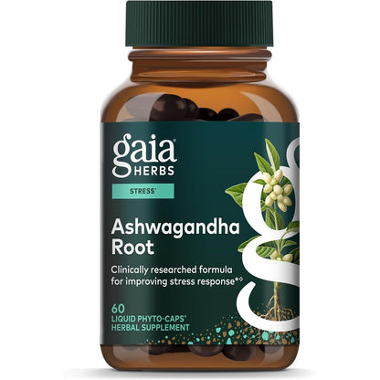 Gaia Herbs Ashwagandha somnifera root supplement bottle, vegan capsules