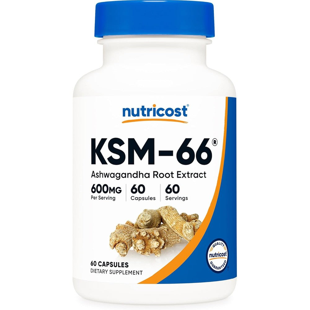 Nutricost KSM-66 Ashwagandha 600mg front view of the white supplement bottle with blue branding showcasing authentic imported stress relief capsules.