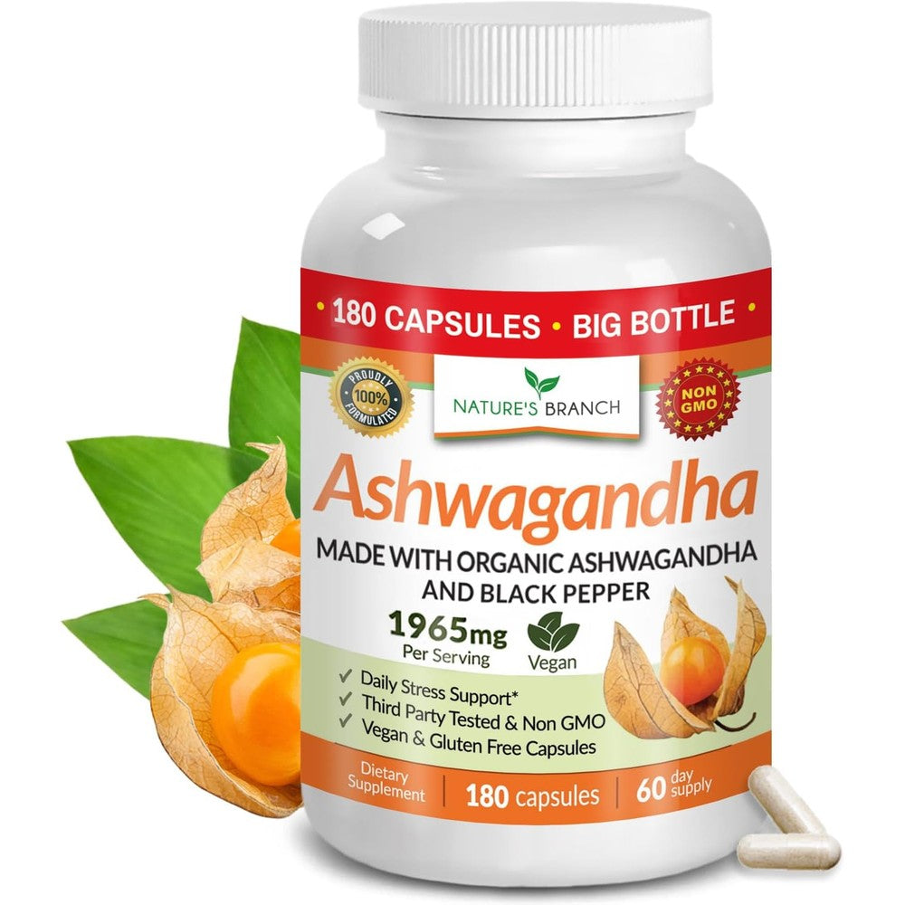 Nature's Branch organic ashwagandha capsules 180 count with black pepper for absorption