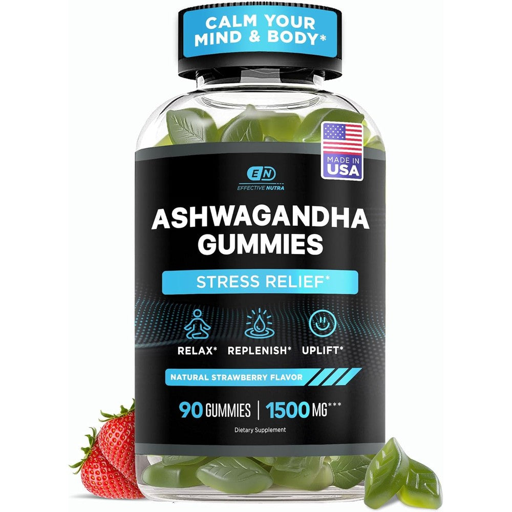 Effective Nutra Ashwagandha gummies 1500mg bottle for stress and sleep support strawberry flavor