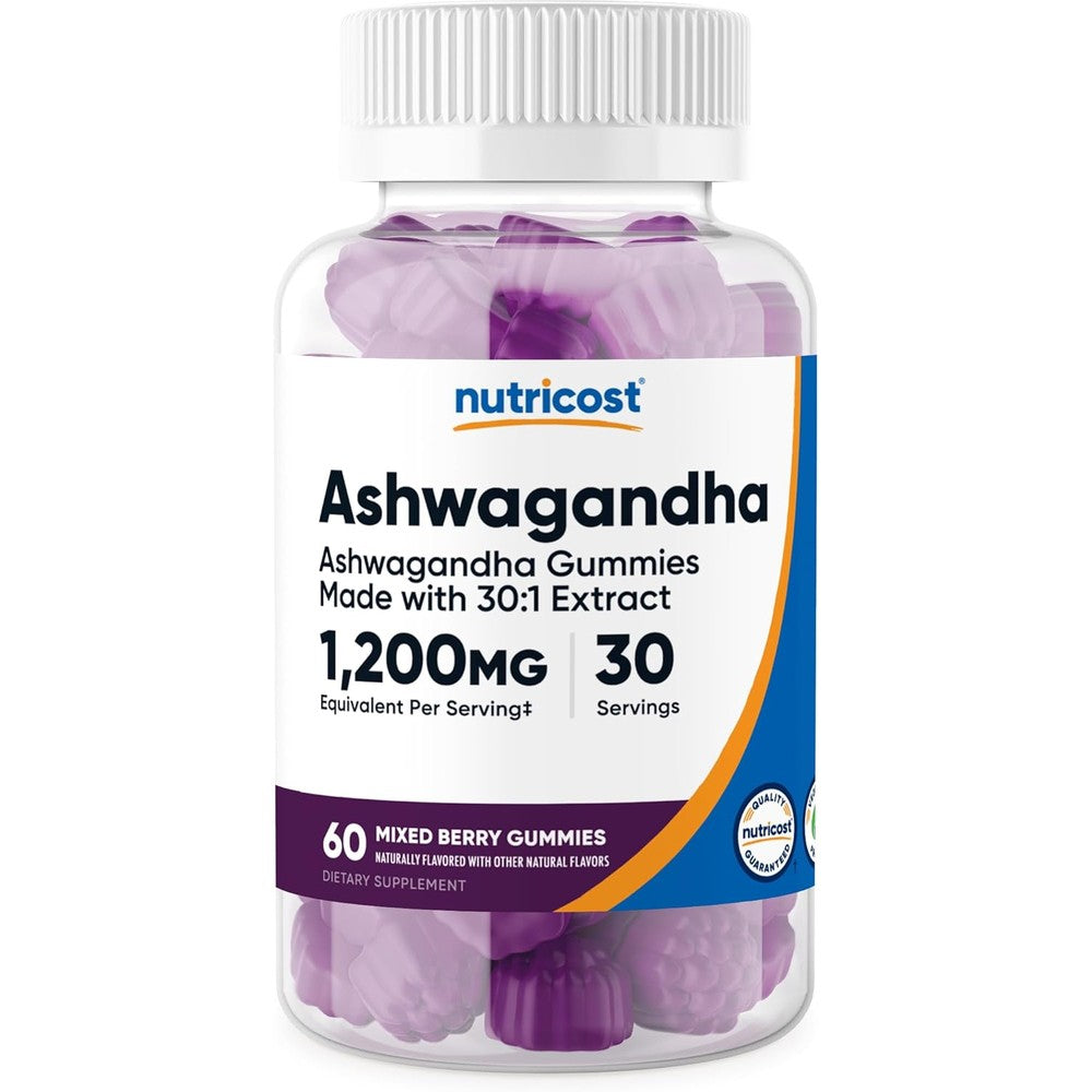 Nutricost Ashwagandha Gummies mixed berry flavor bottle front view for herbal stress relief