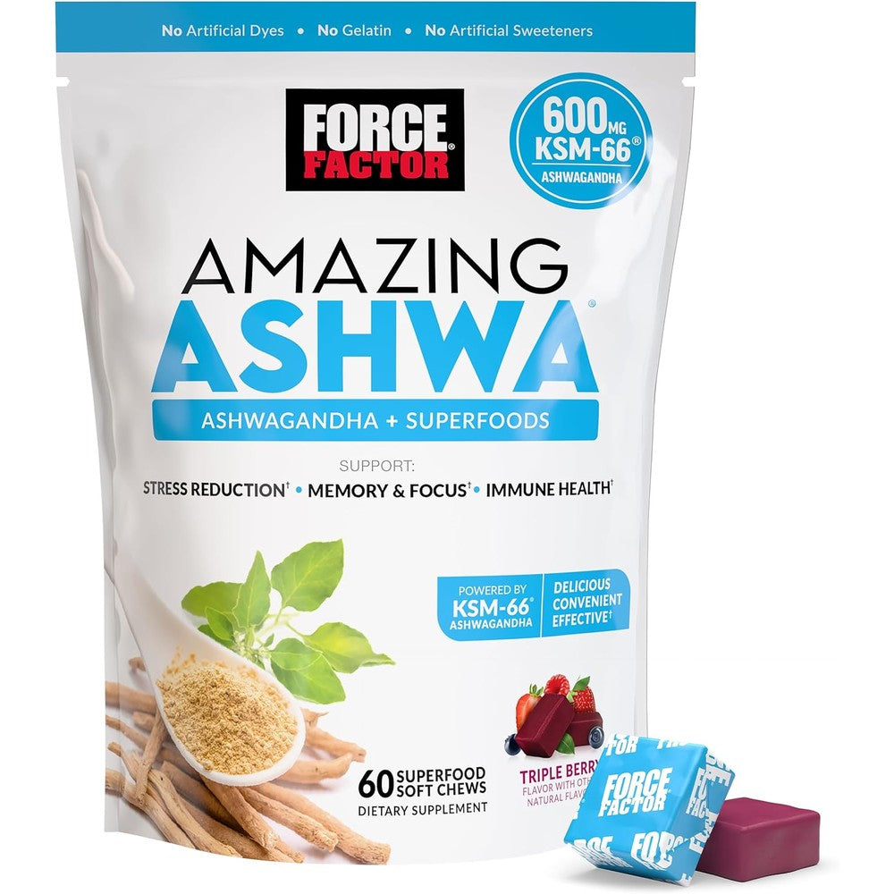 Force Factor Amazing Ashwa KSM-66 ashwagandha somnifera soft chews for stress relief