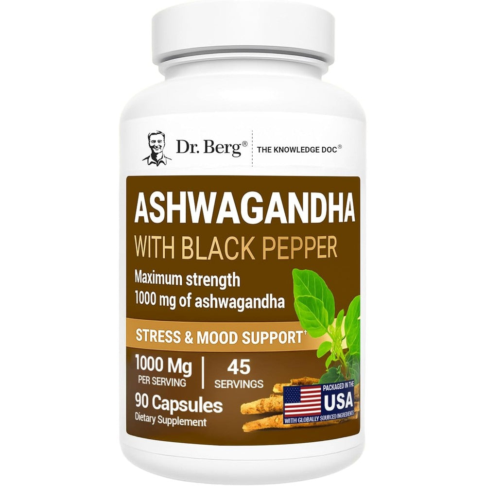 Dr Berg Ashwagandha with Black Pepper 90 vegetable capsules front bottle view for natural stress relief