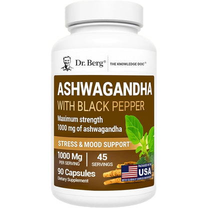 Dr Berg Ashwagandha with Black Pepper 90 vegetable capsules front bottle view for natural stress relief