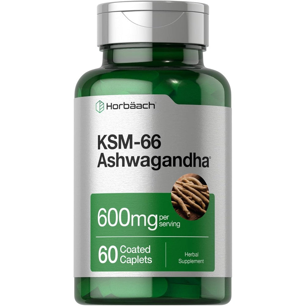 Horbäach KSM66 ashwagandha dietary supplement caplets with L theanine vegan herbal supplement bottle