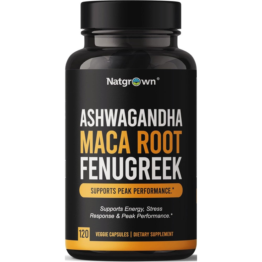 Natgrown ashwagandha maca root fenugreek extract capsules herbal supplement bottle