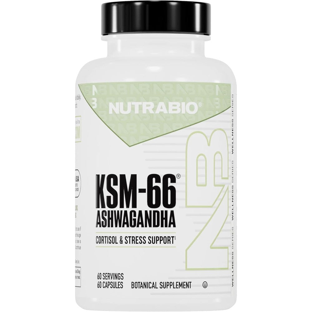NutraBio KSM66 ashwagandha capsules herbal supplement bottle