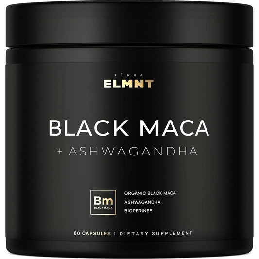 TERRA ELMNT black maca root capsules with ashwagandha herbal supplement bottle