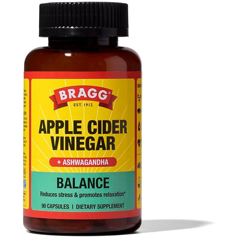 Bragg Daily Balance ACV capsules with Sensoril Ashwagandha supplement bottle