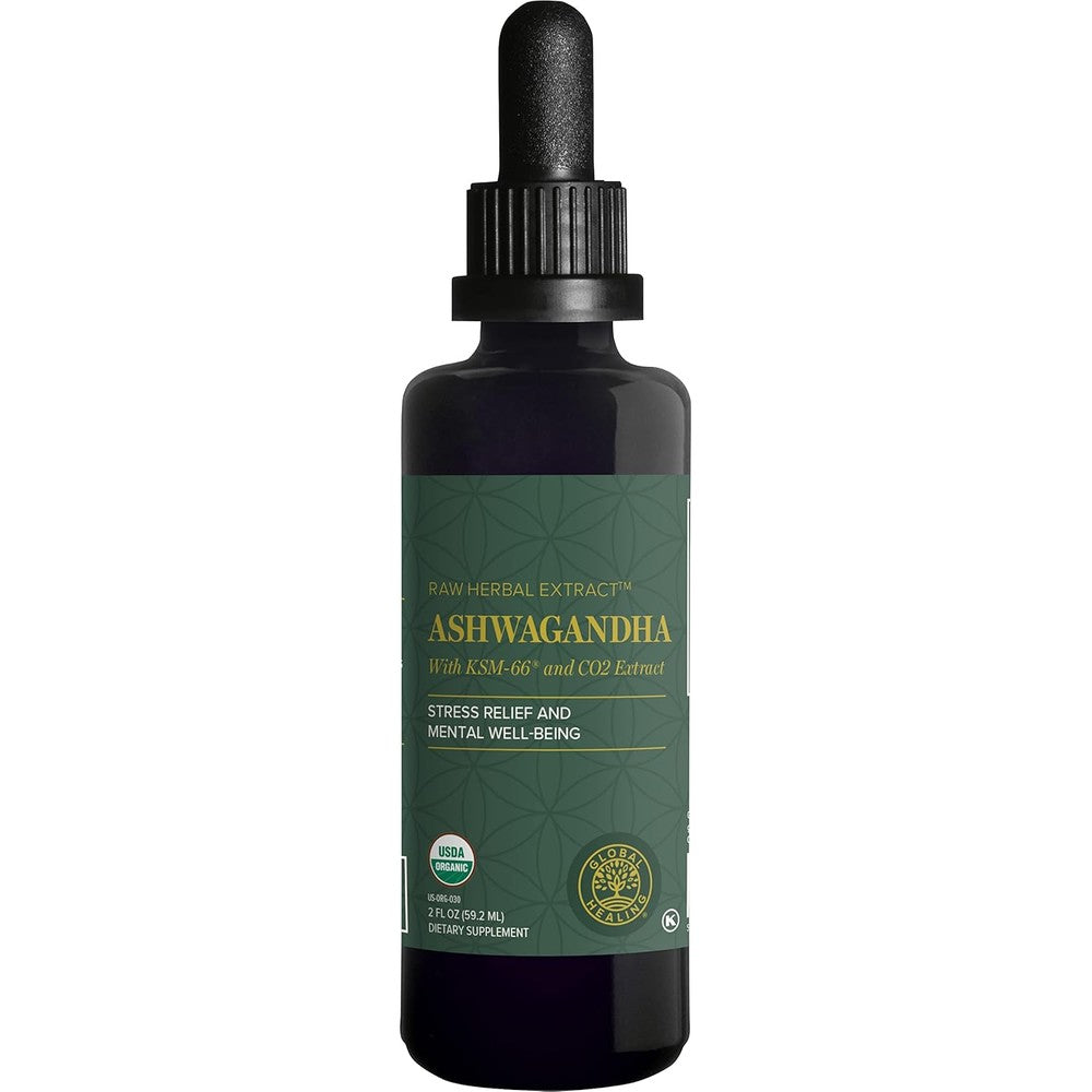 Front view of Global Healing Center Organic Ashwagandha Drops bottle showing KSM-66 liquid extract for stress relief, mood support, and natural energy for adults