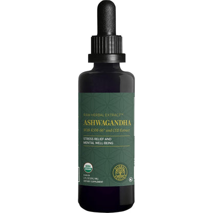 Front view of Global Healing Center Organic Ashwagandha Drops bottle showing KSM-66 liquid extract for stress relief, mood support, and natural energy for adults
