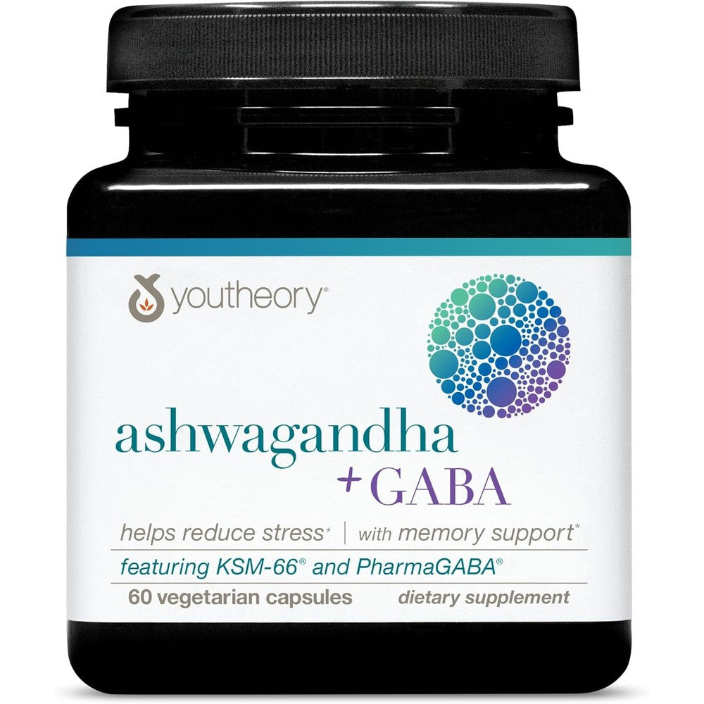 Youtheory Ashwagandha + GABA vegetarian capsules bottle for stress relief and energy support