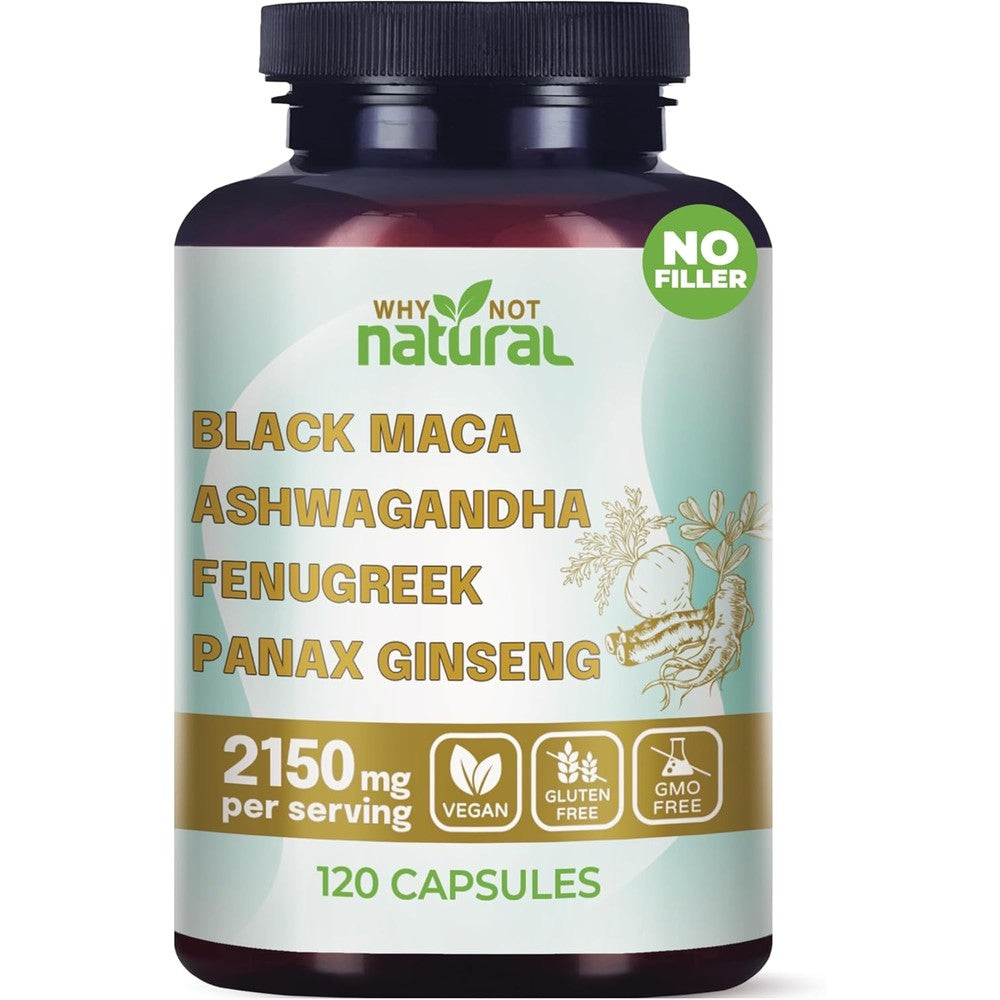 Why Not Natural 4-in-1 black maca root ashwagandha fenugreek ginseng capsules bottle